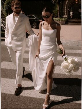 (3 Items) Wedding Gown w/ Thigh Slit + NEW Lace Veil & Lace Sleeves